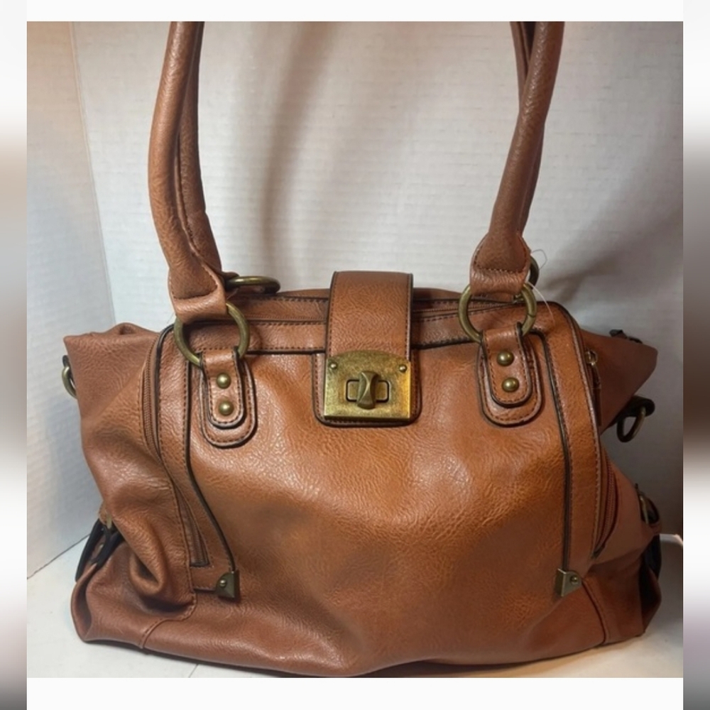 Black Rivet Cognac Brown Leather-Effect Shoulder Bag